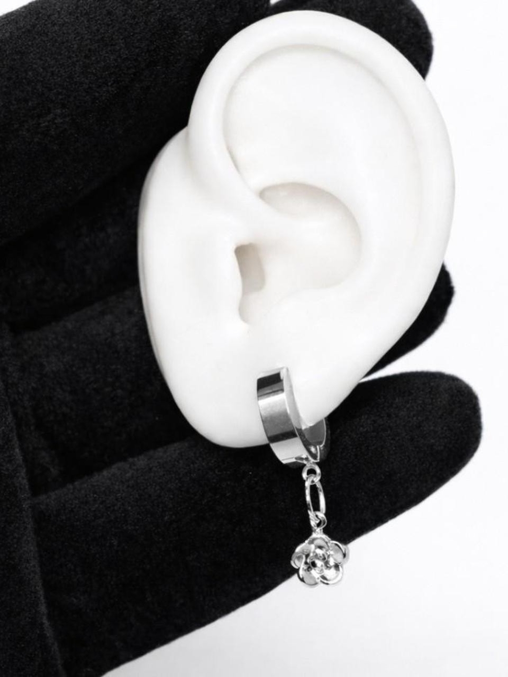Silver Rose Dangle Huggie Earrings, Stainless Steel